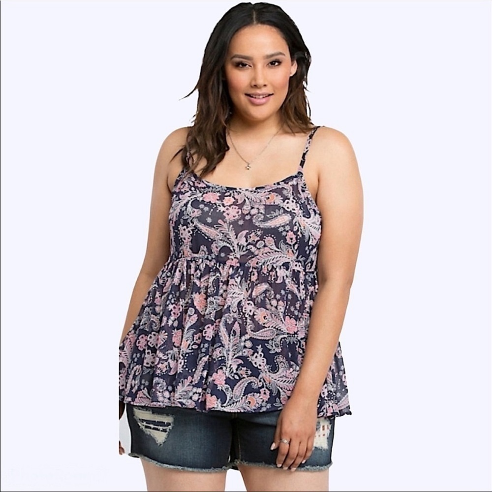 TORRID SHEER DARK BLUE W/ PINK PASILEY BABYDOLL TANK SIZE 0X NWT